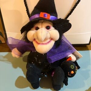 Plush Witch Toy with Black Cat - Purple and Black